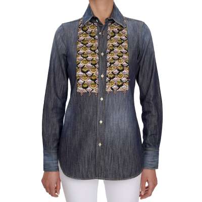 Crystal Pearl Embroidery Denim Jeans Shirt Blue