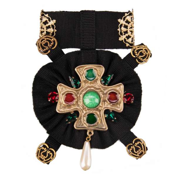 Medal Brooch made of brass and cotton with cross and crystals by DOLCE & GABBANA