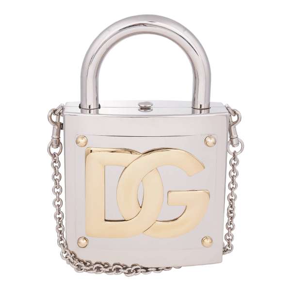Dolce & Gabbana DG Logo Metallic Lock Clutch Shoulder Bag DOLCE BOX Silver  Gold