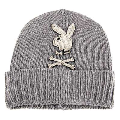 PLAYBOY Beanie Strickmütze mit Skull Bunny aus kristallen Grau