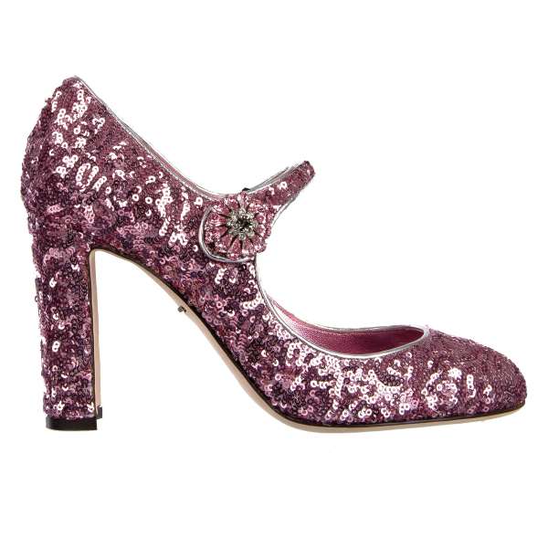 Sequined Mary Jane Pumps VALLY embellished with crystals buckle and leather trim by DOLCE & GABBANA Black Label