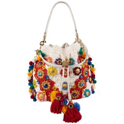 Raffia Bucket Bag CLAUDIA with Pompoms and Crystals White Red