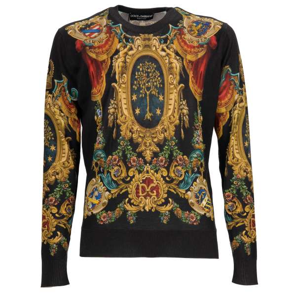 Slim Fit Longsleeve Shirt / Sweater mit Barock Wappen und Logo Print in Gold und Schwarz von DOLCE & GABBANA 