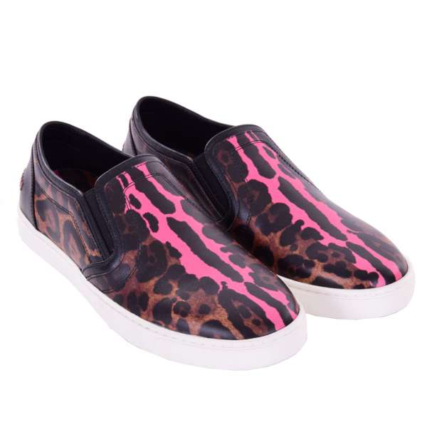 Slip-On Sneaker LONDON with leopard print, pink stripe and DG logo in brown and black by DOLCE & GABBANA