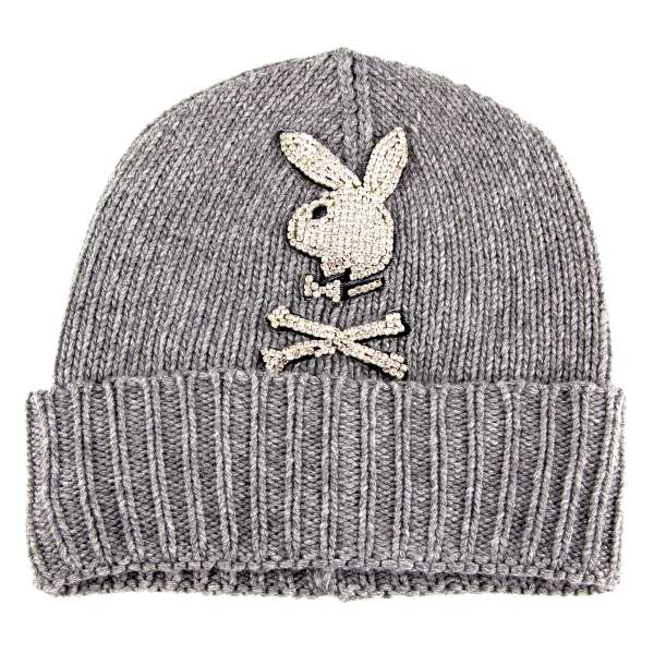 Wool, Nylon and Cashmere knitted beanie hat with a large crystals Bunny Skull logo and 'Playboy X Plein' leather logo plaque at the back by PHILIPP PLEIN x PLAYBOY
