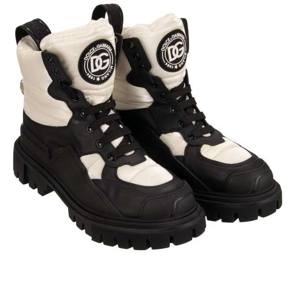 Padded Nylon and Leather Trekking Boots with DG logo in front in white and black by DOLCE & GABBANA
