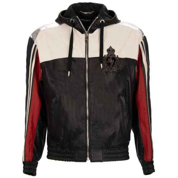 Lamb leather hooded bomber jacket with metal embroidered DG Logo and crown and zipped pockets by DOLCE & GABBANA