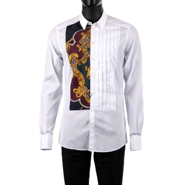 Tuxedo Shirt with short collar and cotton and silk soft placket with coat of arms print by DOLCE & GABBANA Black Label - GOLD Line