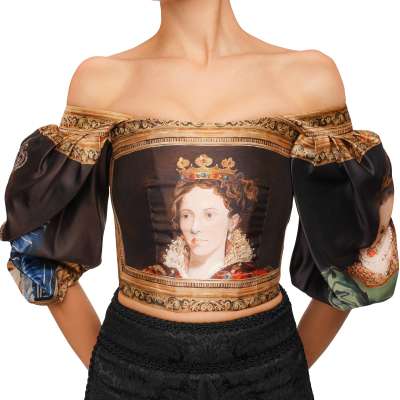 Seide Barock Korsett Top Krone Königin Print Braun Blau