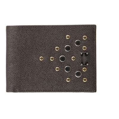 Large Dauphine Leather Bifold Wallet with Studs and Logo Plate Brown
