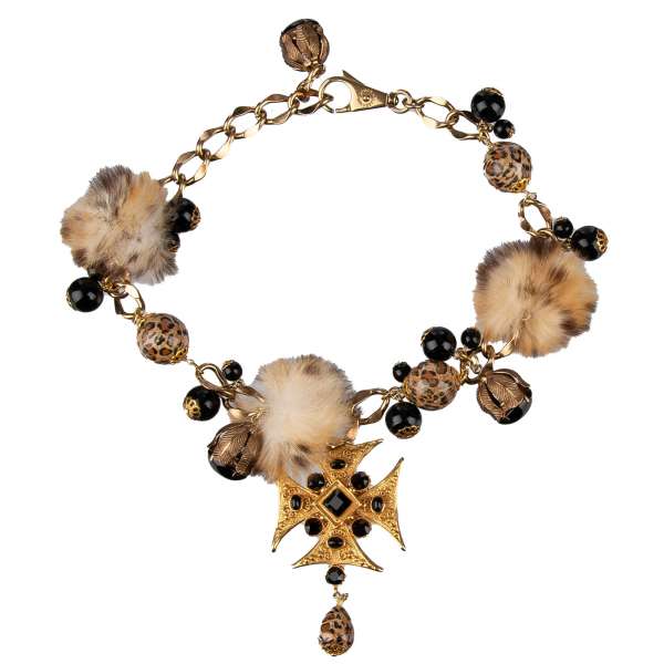 Chocker necklace with filigree details, cross pendant, crystals, leopard beads and fur elements in gold by DOLCE & GABBANA