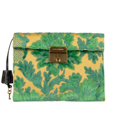 Floral Brocade and Caiman Leather Briefcase Bag Green Black