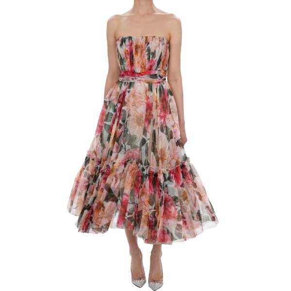 Kleid aus Seide mit Bananen Blatt Print und Schleife in Grün und Weißvon DOLCE & GABBANA