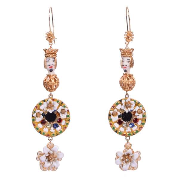 "Sicilia" Testa di Moro Earrings with Crystals, Mirror and Flowers in Gold by DOLCE & GABBANA