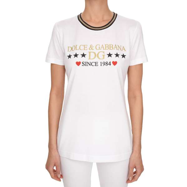 Cotton T-Shirt with Dolce Gabbana heart star logo print and silver patch logo on the back in white and black by DOLCE & GABBANA