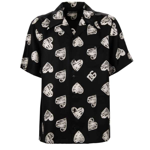 Short sleeve silk Shirt with Heart and DG Logo print in black and white by DOLCE & GABBANA