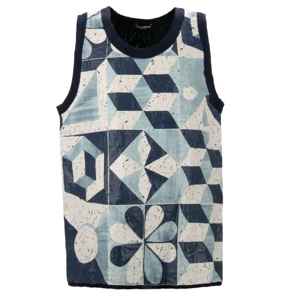 One of a kind cotton Tank Top with Gio Ponti Design covered cracked paint in blue and white by DOLCE & GABBANA