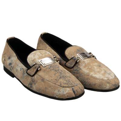 DG Metal Silver Logo Denim Moccasins Shoes ERICE Beige 42 UK 8 US 9