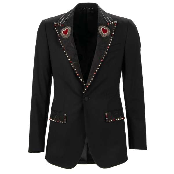 Virgin Wool Tuxedo / Blazer TAORMINA with logo ribbons, crystal and pearls embroidered hearts and multicolor studs by DOLCE & GABBANA