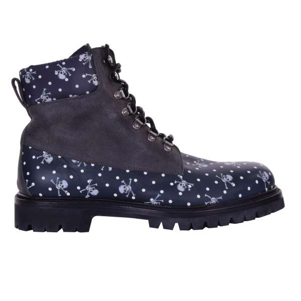 Stiefeletten mit Totenkopf und Polka Dot Print BAGHERIA aus gebürstetem Kalbsleder und Stoff von DOLCE & GABBANA Black Label