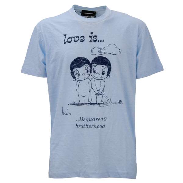 Cotton T-Shirt with LOVE IS... Dsquared2 Brotherhood Application in blue by DSQUARED2