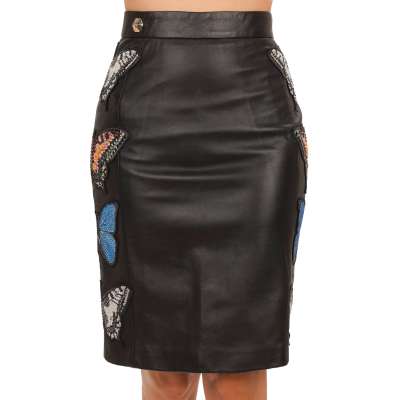 Stone Rose Crystal Butterfly Leather Skirt Black S