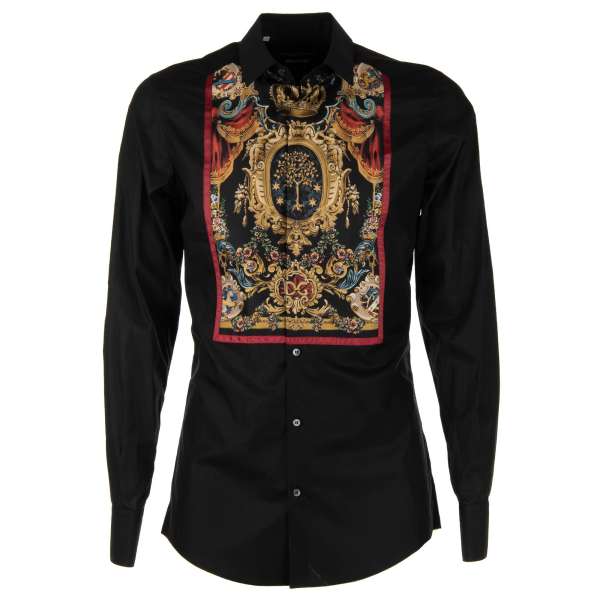 Cotton and silk shirt with hidden buttons and heraldy crown angel print in black by DOLCE & GABBANA  - GOLD Line 