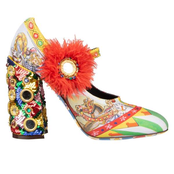 Leather and Fabric High Heel Pumps VALLY with Carretto Print, crystals, sequins, mirrors applications and feather crystals buckle in red, yellow, green and white by DOLCE & GABBANA