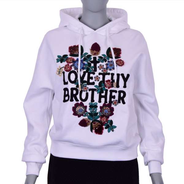 Sweatshirt / Hoody "Love thy brother" with hand made flowers, pearls and crystals embroidery in white by DSQUARED2