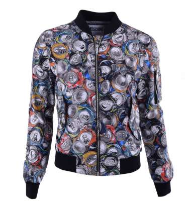 Nylon Bomberjacke COUTURE mit Dosen Print Grau Schwarz