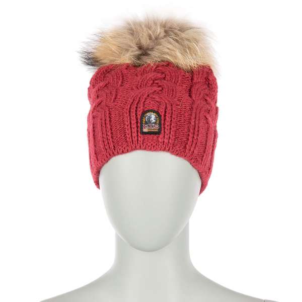 Lined Unisex Cable Hat with detachable real fur pompom and PJS patch in Crimson Tide Red by PARAJUMPERS