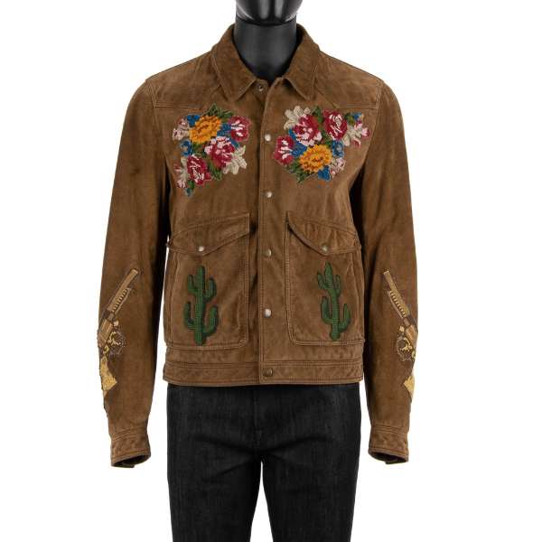 Suede jacket with embroidered Roses, Cactus and Pistols and two front pockets by DOLCE & GABBANA