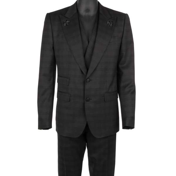 Virgin wool 3 piece suit, jacket, waistcoat, pants with two crystal bees embroideries in black by DOLCE & GABBANA 