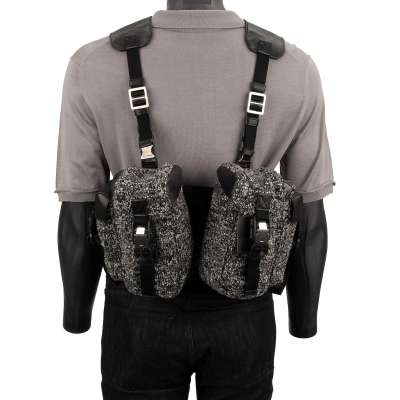 Gestrickter Doppel Rucksack aus Wolle und Leder mit Logo Schwarz Grau