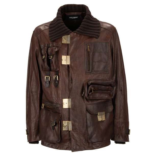 Unique multi-pocket, military inspired, heavy utility leather jacket with buckles and knitted collar by DOLCE & GABBANA