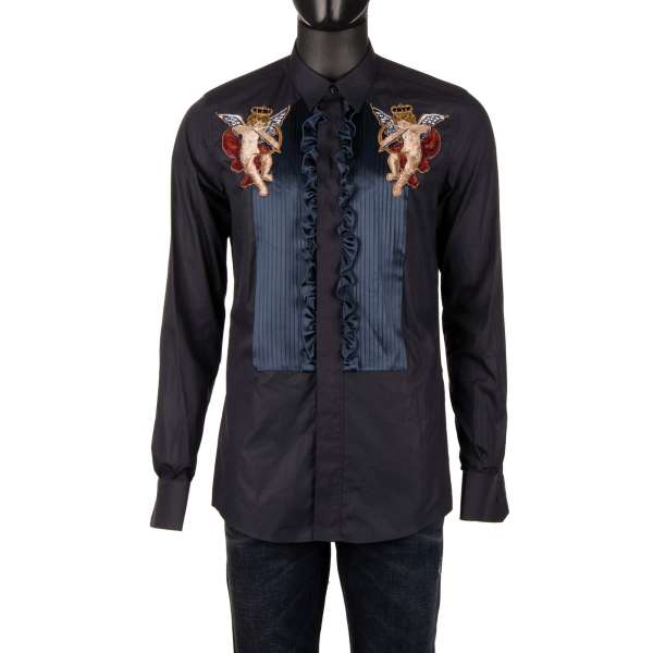 Cotton shirt with contrast silk plastron with ruffles and crown angels embroidery in blue by DOLCE & GABBANA GOLD Line 