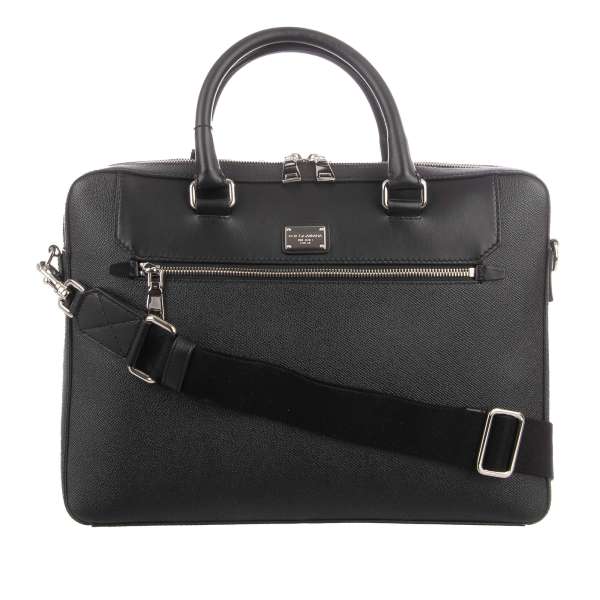 Dauphine Leather Briefcase / Laptop Bag with logo plate and pockets by DOLCE & GABBANA