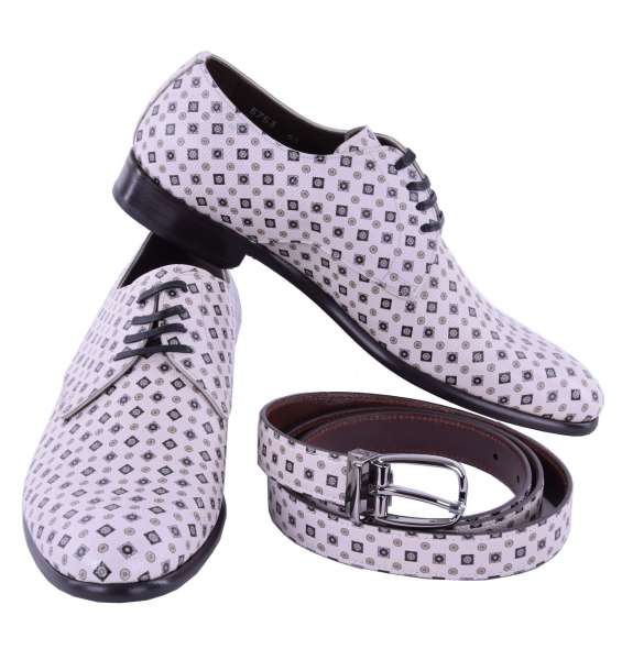Geschenkset bestehend aust Derby Schuhe NAPOLI und Gürtel aus Dauphine Leder mit Krawatten Print von DOLCE & GABBANA