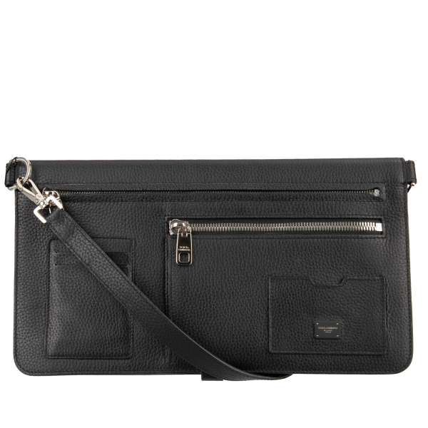 Foldable dauphine leather Crossbody Clutch Bag / Briefcase Bag with logo plate and many zip pockets by DOLCE & GABBANA