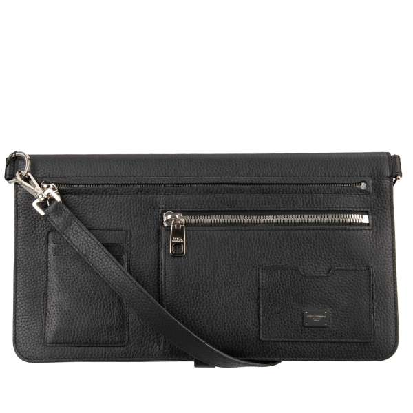 Faltbare Dauphine Leder Crossbody Tasche / Clutch Aktentasche mit Fächern mit Reißverchluss und Logo Schild von DOLCE & GABBANA