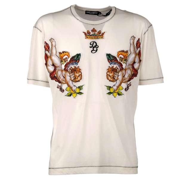 Baumwolle T-Shirt mit Engel und Krone Patches aus Seide und besticktem DG Logo von DOLCE & GABBANA
