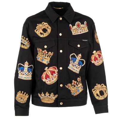 Crowns Embroidered Denim Jacket with Pockets Black Gold 48 M