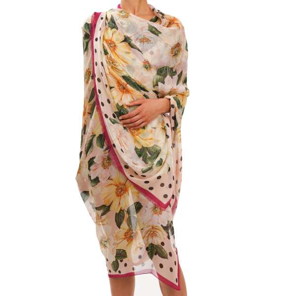 Large flower and polka dot pattern printed silk Scarf / Foulard / Pareo in pink by DOLCE & GABBANA