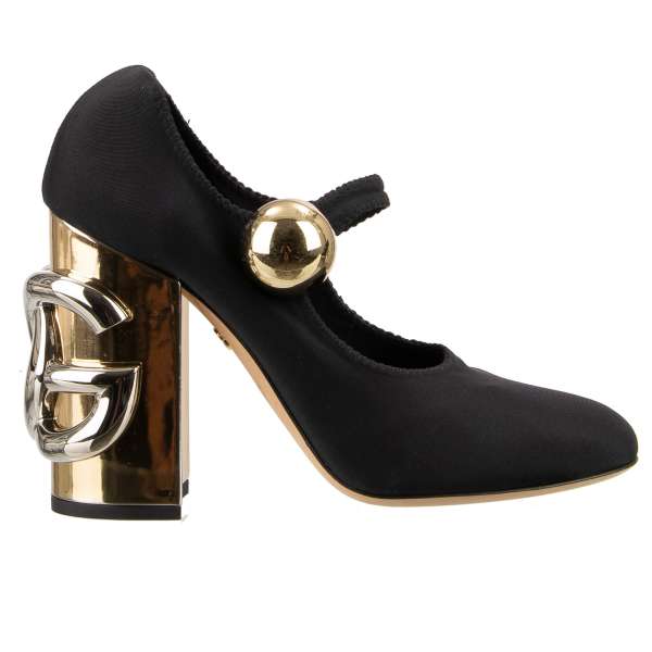 Elastic cover leather Pumps VALLY with DG Logo metal block heel in black by DOLCE & GABBANA