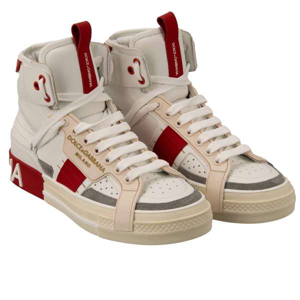 eather Lace High Top Sneaker DONNA with DG logo in white and red by DOLCE & GABBANA