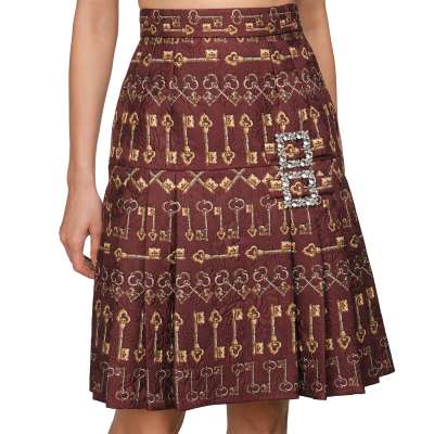 Keys Printed Jacquard Skirt with Brooch Bordeaux Red