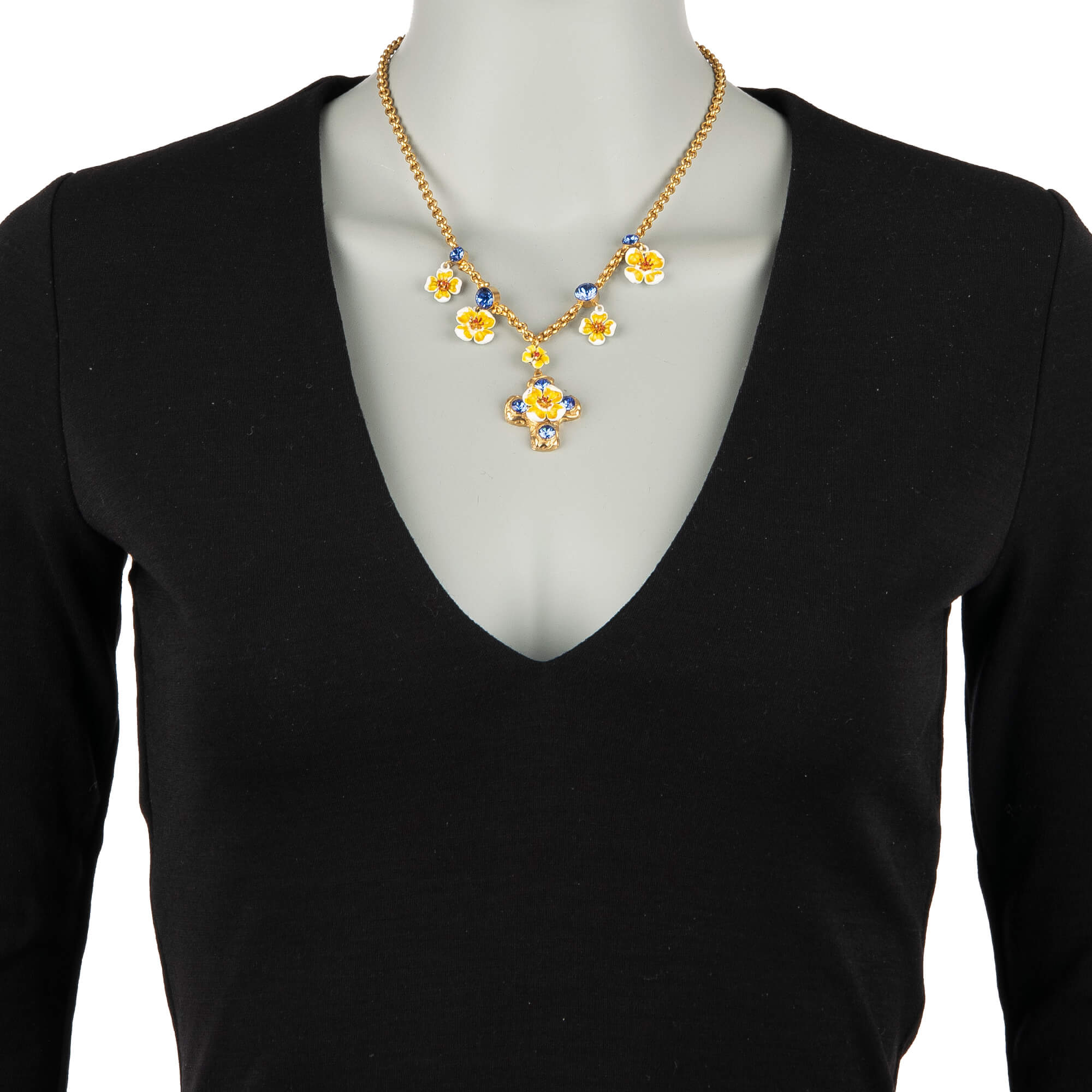 DOLCE & GABBANA Flower Cross Crystals Necklace Chocker Chain Blue Gold 09261 