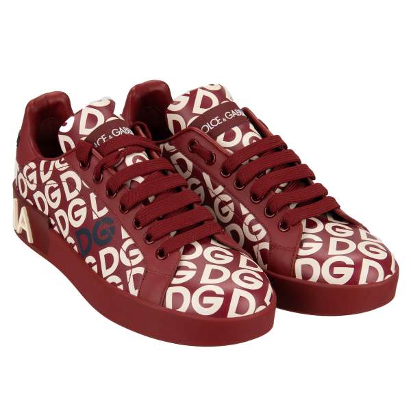 Leather Sneaker PORTOFINO with DG Logo Print in red and white by DOLCE & GABBANA