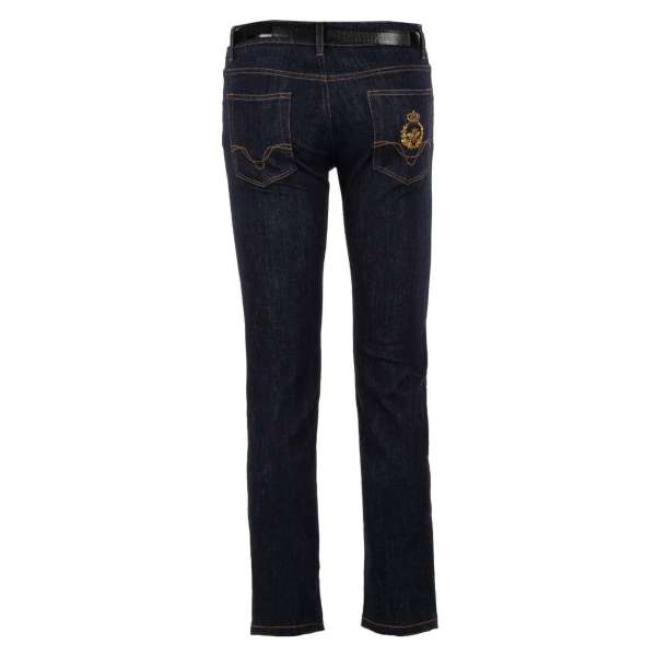 Straight cut 5-pockets Jeans with goldwork pearl crown and bee embroidery by DOLCE & GABBANA