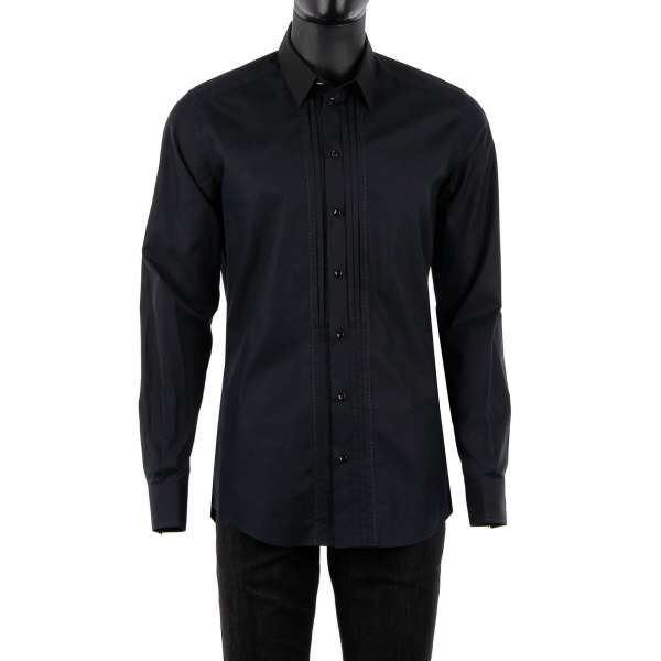 Tuxedo cotton shirt with short collar and pleated details in black by DOLCE & GABBANA - GOLD Line